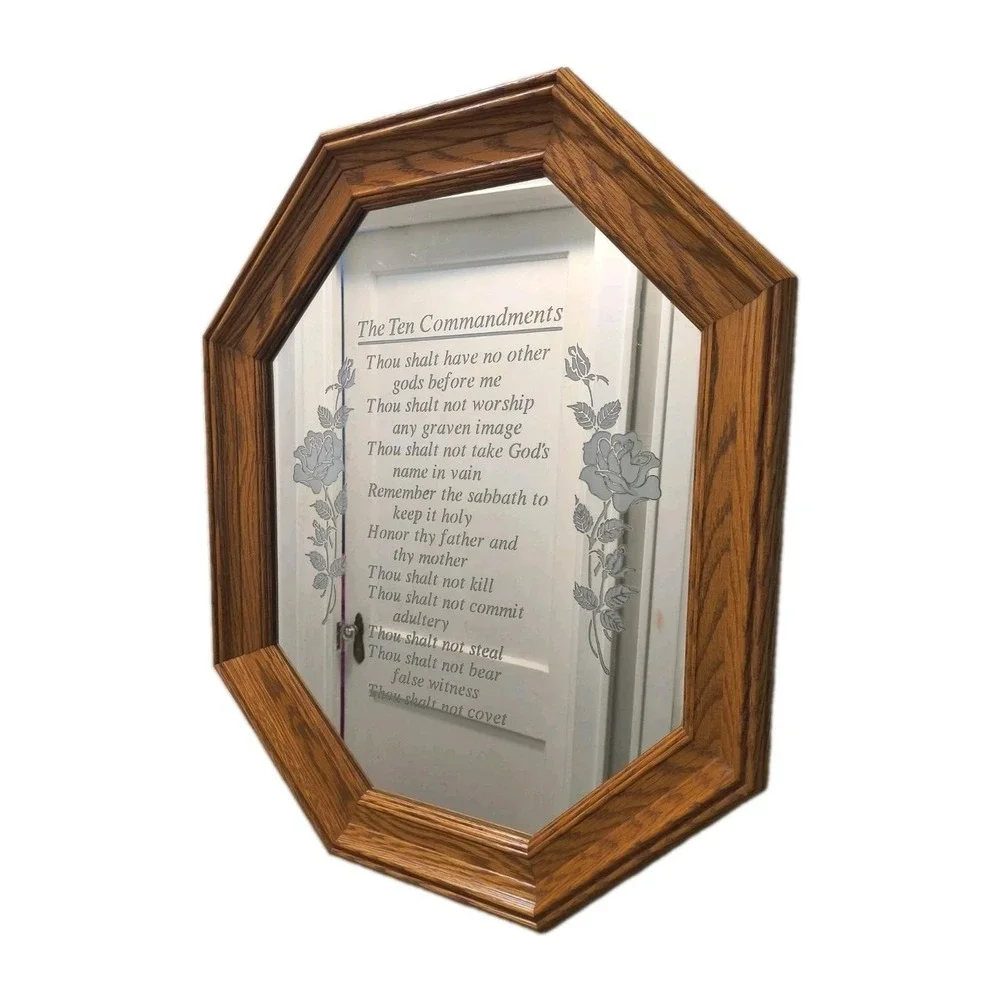 VTG 1980s Octagonal Oak Framed Mirror Etched Glass Ten Commandments Floral Roses